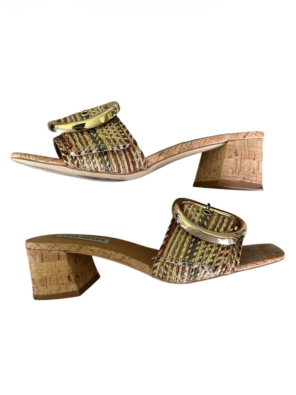 Steve Madden Seacrest Gold Multi Raffia Cork Block Heel Sandals Excellent 6.5 - Picture 4 of 10